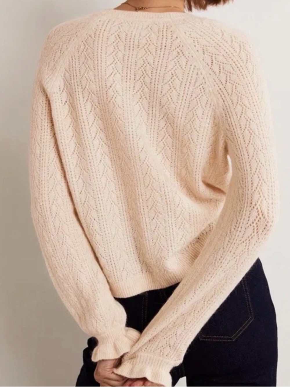 Boden Wool Mohair Blend Fluffy Pointelle Cardigan Ruffle Sleeve V Neck Cream 6 - Picture 2 of 10